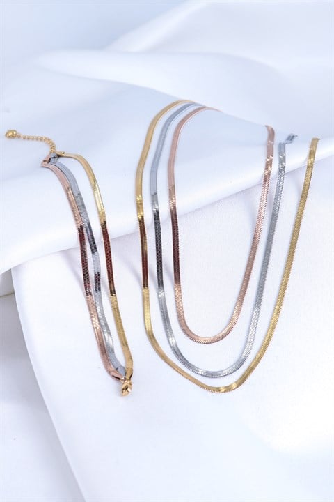 Rose - Gümüş - Gold Renkli Üçlü Çelik İtalyan Ezme Zincir Kolye - Bileklik Kombini 